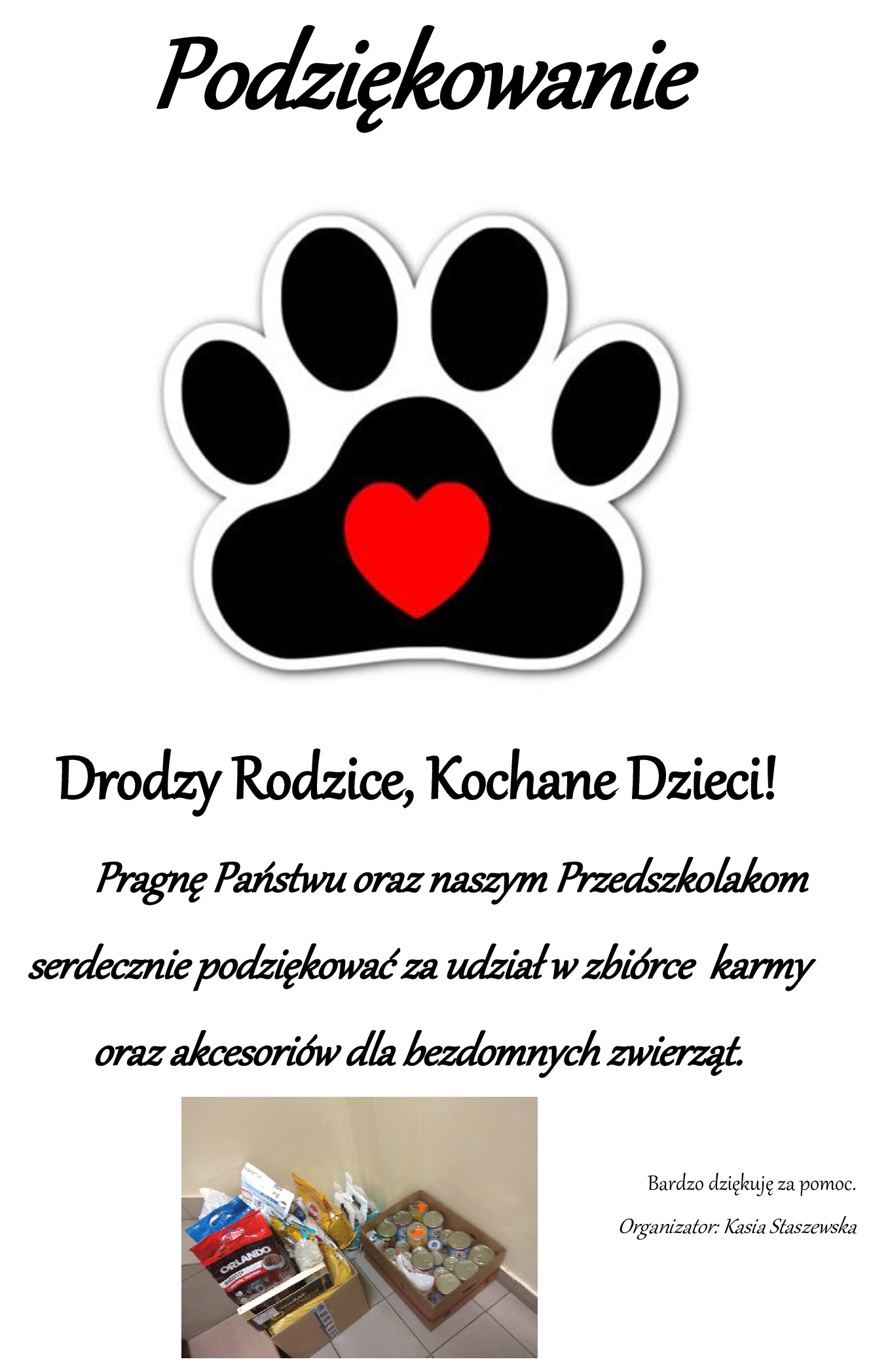 podziękowanie zbiórka karmy