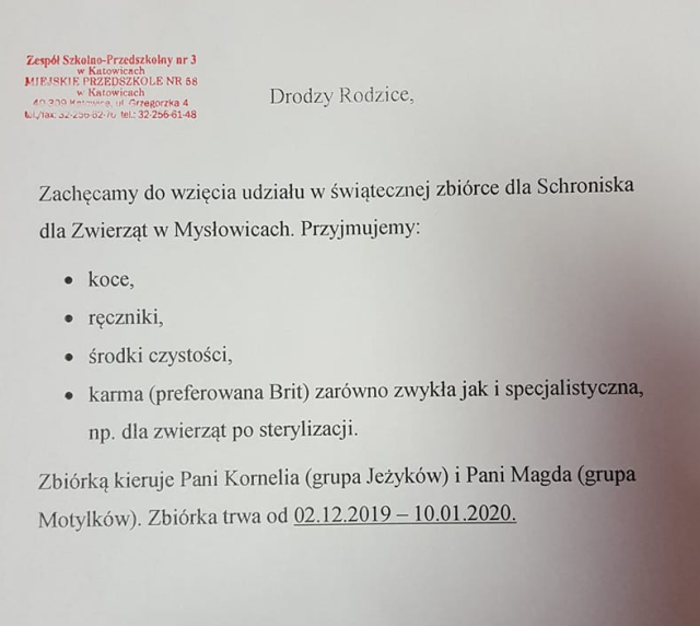 ogloszenie zbiorka schronisko